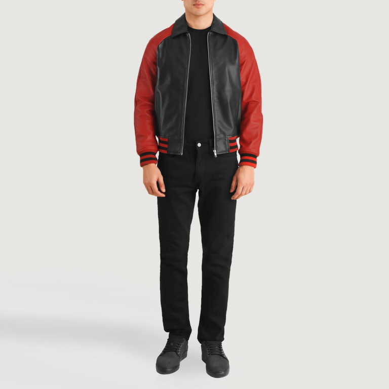 Mens Walton Black & Red Leather Varsity Jacket Full Length-2-1704121582159